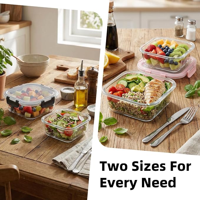 Konokyo Square Glass Food Storage Containers with Lids, Meal Prep, 12 Pack | Airtight Leakproof Meal Prep Containers, BPA-Free, Microwave Oven Freezer & Dishwasher Safe, Assorted Sizes - Image 7