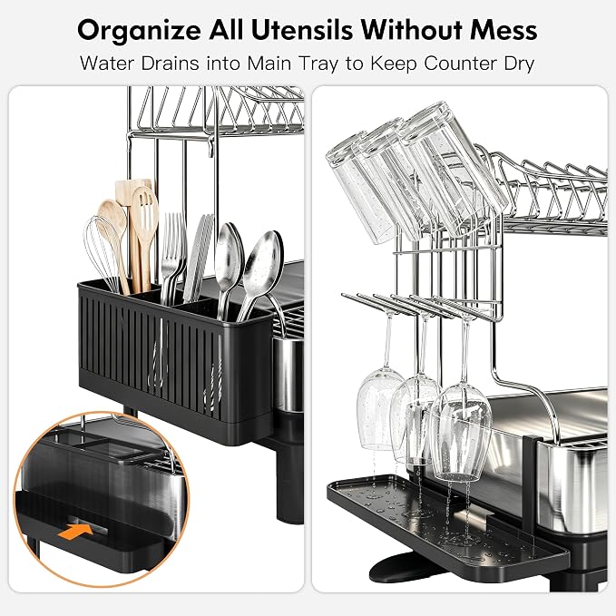 2 Tier Large Stainless Steel Dish Drying Rack with Drain Board | Space Saving, Rust Proof Metal, Automatic Drainage Drainer for Kitchen Counter, Modern Black and Silver for Pots and Pans - Image 3