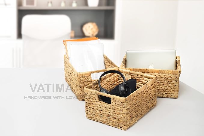 Large Wicker Basket Rectangular with Wooden Handles for Shelves, Water Hyacinth Basket Storage, Natural Baskets for Organizing, Wicker Baskets for Storage 14.5 x 10.3 x 7.5 inches - 3 Pack - Image 4