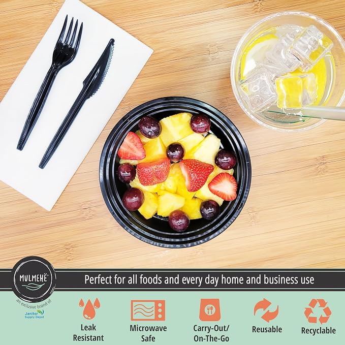 MULMEHË Plastic Food Storage Take-Out Container and Lid Combo, 32 oz, Microwaveable, Round, Black, 7x2”, Set of 150 - Image 3