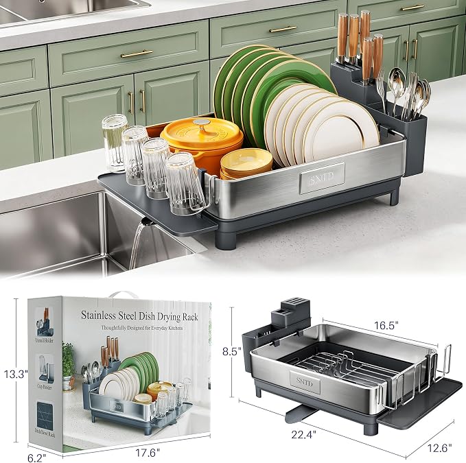 SNTD 304 Stainless Steel Dish Drying Rack for Small Kitchen Counter, Grey | Rustproof, Large Capacity, Heavy-Duty Frame, Rotating Spout, Angled Drainboard, Removable Cup & Utensil Holder - Image 3