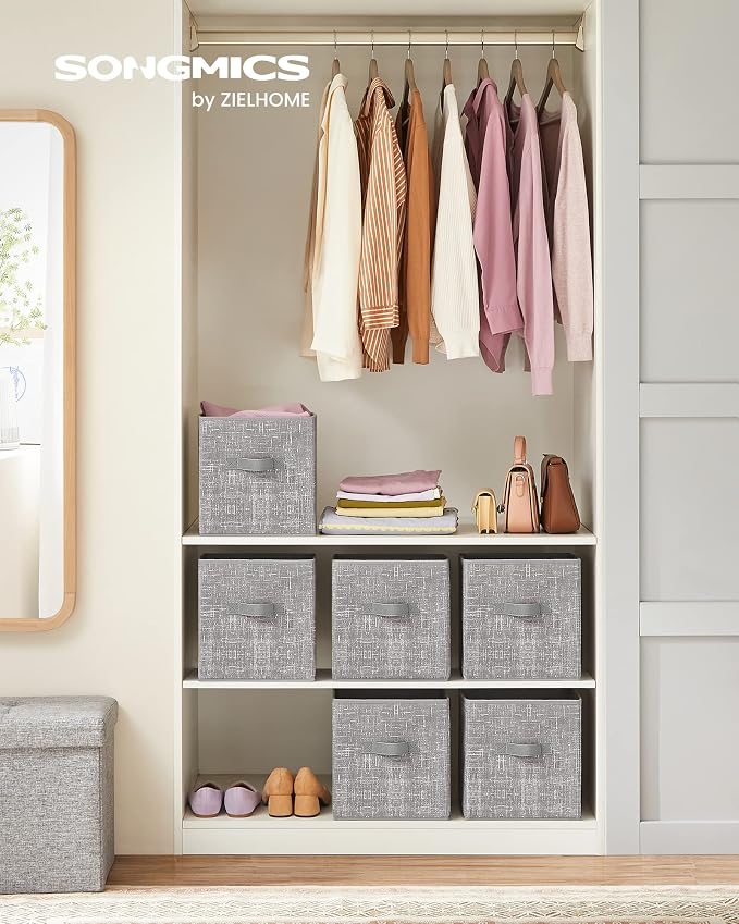 SONGMICS Storage Cubes, 11-Inch Non-Woven Fabric Bins with Double Handles, Set of 6, Closet Organizers for Shelves, Foldable, for Clothes, Taupe UROB026K01 - Image 2
