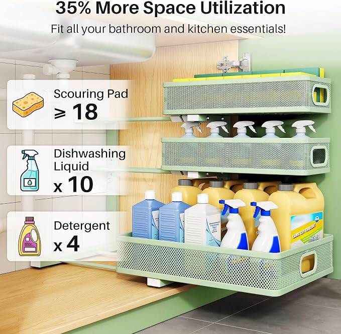 Kitstorack Under Sink Organizer, 1-Pack 3-Tier Height Adjustable Thickened Metal Pull out Cabinet Organizer Shelf, Slide out Storage Drawer Rack for Bathroom Kitchen Pantry Home Organization, Green - Image 4