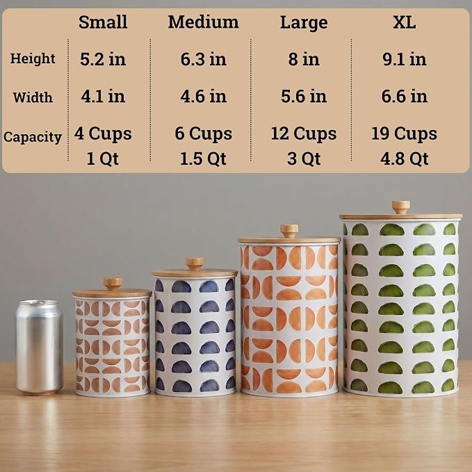 Kitchen Canisters for Countertop Set of 4, Patterned Iron w/ Airtight Lids | Airtight Easy Open Bamboo Lids - Dent-Resistant Thick Metal - Sturdy Comfortable Bamboo Handles - Unique Printed Pattern - Image 5