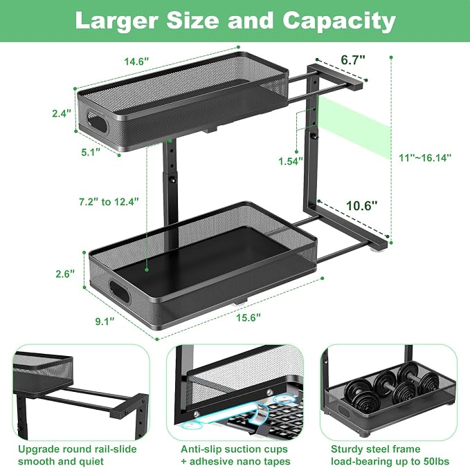 Under Sink Organizer 2 Pack, High Adjustable 2 Tier Under Sink Organizers and Storage, Slide out Metal Cabinet Organizers, Pull out Storage Drawer Shelf for Kitchen Bathroom Cabinet (Black) - Image 4