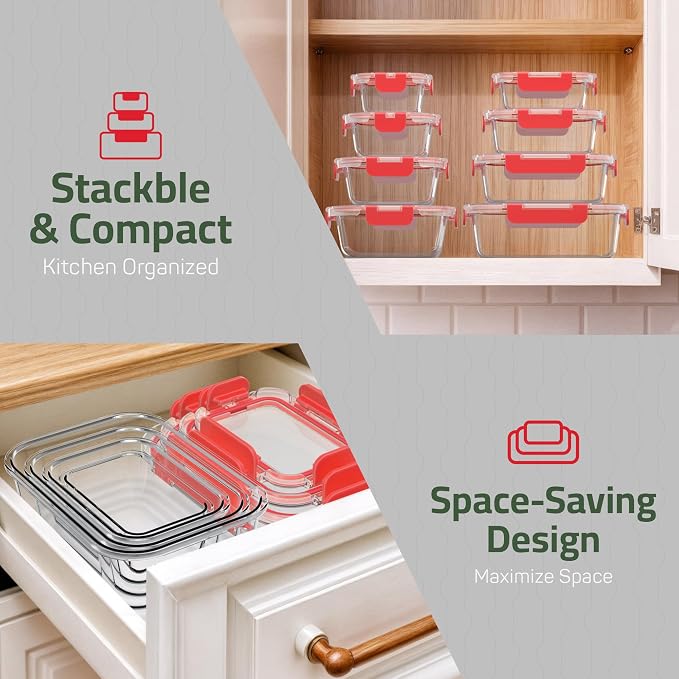 Emporio Kitchen Borosilicate Glass Food Storage Containers with Lids 24 Pieces, BPA-Free Stackable Lunch & Leftover Containers, Microwave, Freezer & Dishwasher Safe, 100% Airtight Leak-Proof, Red - Image 9