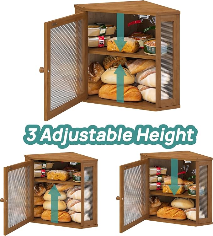 viewcare Corner Bread Box for Kitchen Counter, Bamboo Wood Large Capacity Bread Storage Bin with Acrylic Wavy Door Panel (Brown, Meduim) - Image 3
