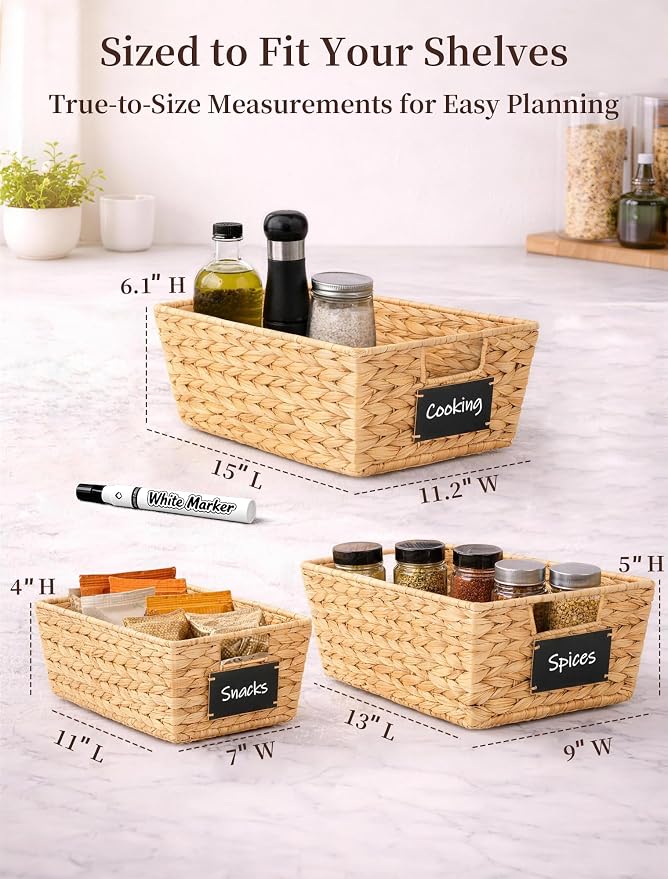 Pantry Baskets, 3 Pack Wicker Storage Baskets for Shelves, Natural | Water Hyacinth Baskets for Organizing, 3-Size Pantry Bins with Chalkboard and Marker for Shelf, Snack, Kitchen, Bathroom - Image 3