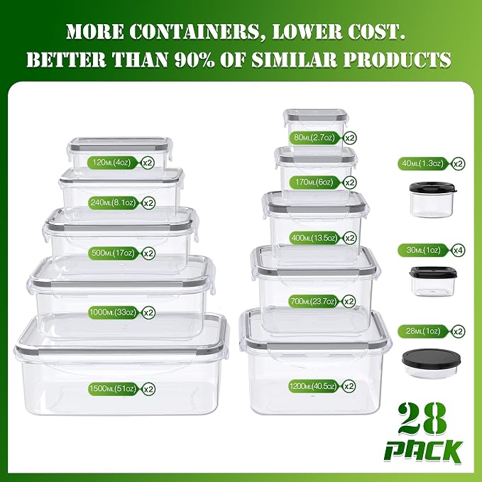 56 PCS Food Storage Containers with Lids Airtight (28 Boxes - 28 Lids) | Plastic Container for Pantry Stackable Kitchen Organization-Microwave Dishwasher,Freezer Safe 100% Leak Proof - Image 2