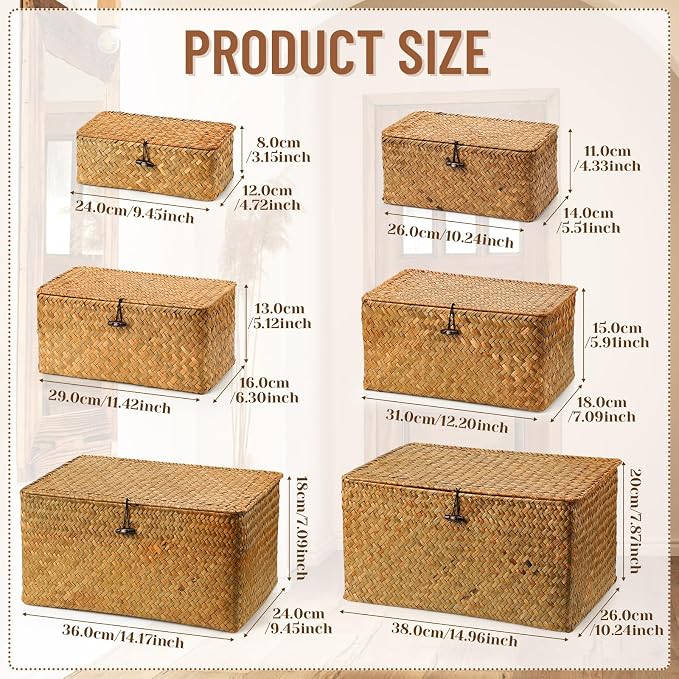 6 Pcs Seagrass Basket with Lid Wicker Storage Decorative Boxes with Lids Bin Woven Organizer for Shelf Closet Bedroom, 6 Sizes(Classic Style,Yellow Brown) - Image 2