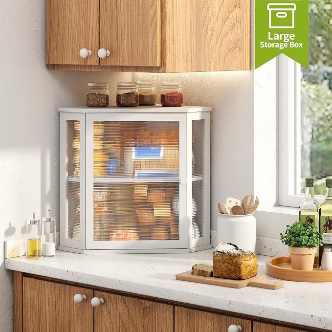 BMOSU Corner Bread Box for Kitchen Countertop Double Layer Bamboo Wooden Bread box Large Capacity Bread Storage Bin(White, Extra Large) - Image 4
