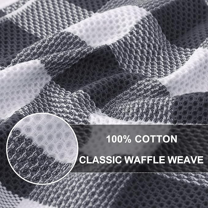 Homaxy Kitchen Towels and Dishcloths Set, Set of 8, White & Dark Grey | Bulk Cotton Waffle Weave Check Plaid Kitchen Towels, Super Soft and Absorbent Dish Cloths, 12 x 12 and 13 x 28 Inches - Image 2