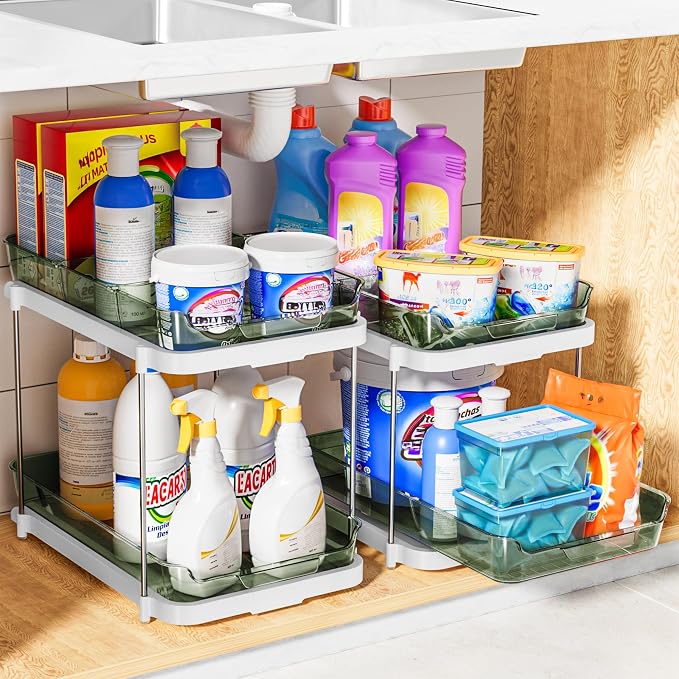 Delamu 2-Tier Multi-Purpose Bathroom Under Sink Organizers and Storage, Stackable Kitchen Pantry Organization, Pull Out Medicine Cabinet Organizer with Movable Dividers, Light Green, 2 Pack - Image 5