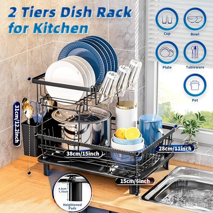 Dish Drying Rack, Stainless Steel-Dish Rack, Double Layer, | Dish Racks for Kitchen Counter, Kitchen Dish Drainers with Removable Utensil Holder,New Drain Outlet, (Black 3) - Image 2