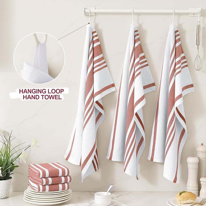 Homaxy Premium Cotton Stripe Kitchen Towels 3 Pack, 18"x 28", Rust | Large 380 GSM Kitchen Hand Towels, Soft Terry Dish Towels, Highly Absorbent Tea Towel Set with Hanging Loop - Image 3