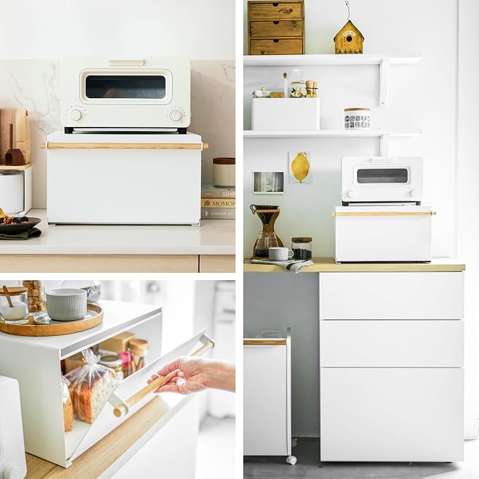 YAMAZAKI Home Modern Bread Box – Steel + Wood Countertop Bread Storage Container, Large White Bread Box for Kitchen Countertop, Space-Saving Bread Keeper, Easy Access Lid | Large bread box for kitchen countertops. Features an easy-access lid to keep br... - Image 4