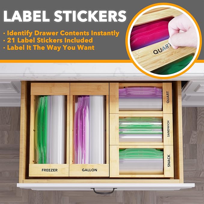 SpaceAid Bag Storage Organizer for Kitchen Drawer, Bamboo Organizer, Compatible with Gallon, Quart, Sandwich and Snack Variety Size Bag (5 Pack Set) - Image 4