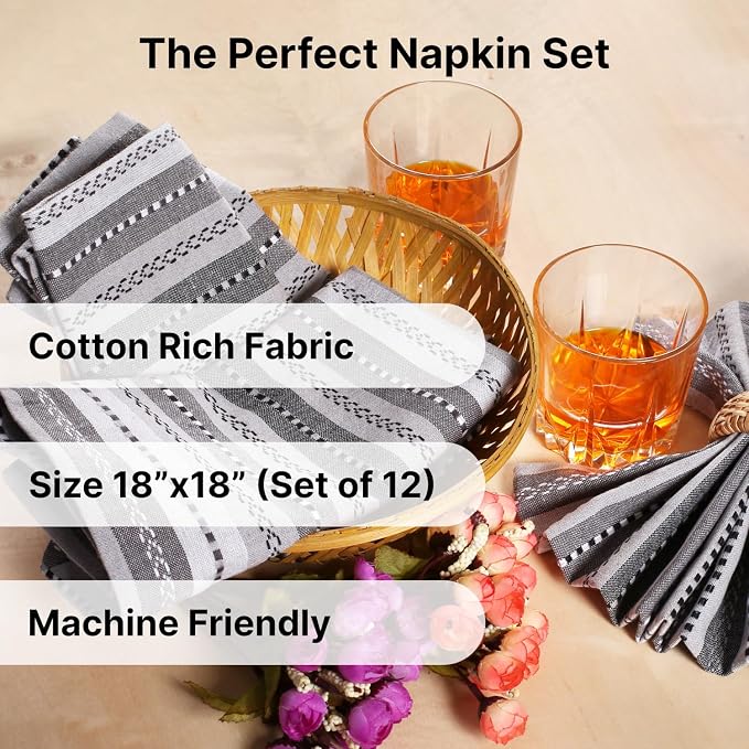LFH Home Cotton Rich Cloth Salsa Napkin Set of 12 Washable Soft Durable Striped Table Napkins for Dining Wedding, Daily Use Reusable Eco-Friendly Fabric Napkins (18x18)-Grey Thanks Giving - Image 3