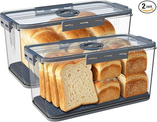 Honbuty 2PCS Bread Boxes,Bread Box for Kitchen Counter Airtight,Time Recording Bread Storage Container with Lid, Bread Keeper for Homemade Bread, Toast, Bagel, Donut and Cookies (Grey) by Honbuty