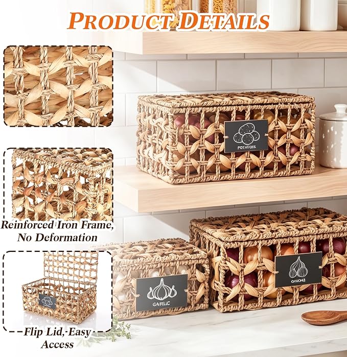 Set of 3 Kitchen Vegetable Storage Potato Onion Garlic Storage Bins with Lid and Label, Handwoven Wicker Pantry Organizer Keeper Containers Baskets for Countertop Cabinet Farmhouse Decor - Image 2