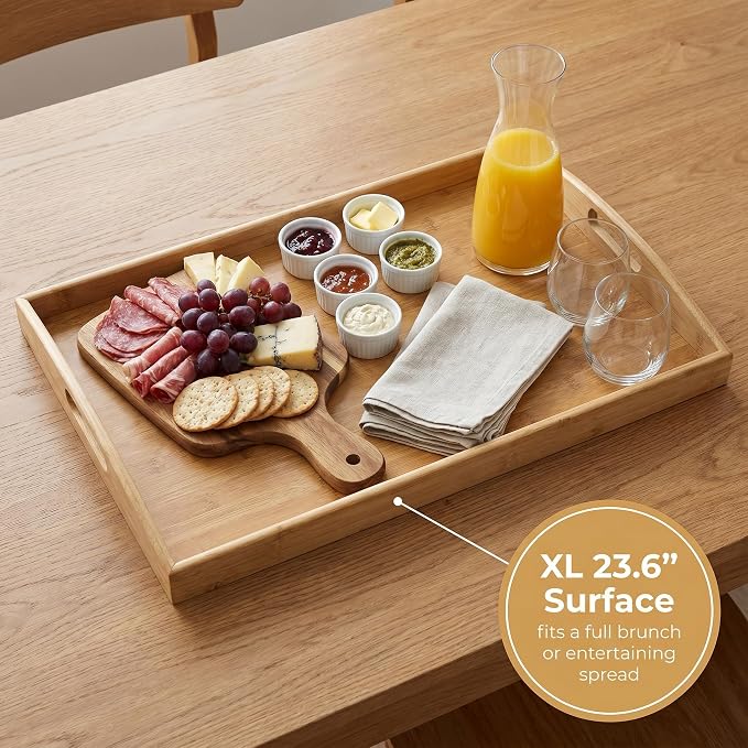Bam & Boo Natural Bamboo Serving Tray Extra Large Rectangular with Handles for Food, Drinks, Storage, Decor, Vanity, Breakfast, Parties, Weddings, Picnics(23.6” x 15” x 2.35”, Natural) - Image 2