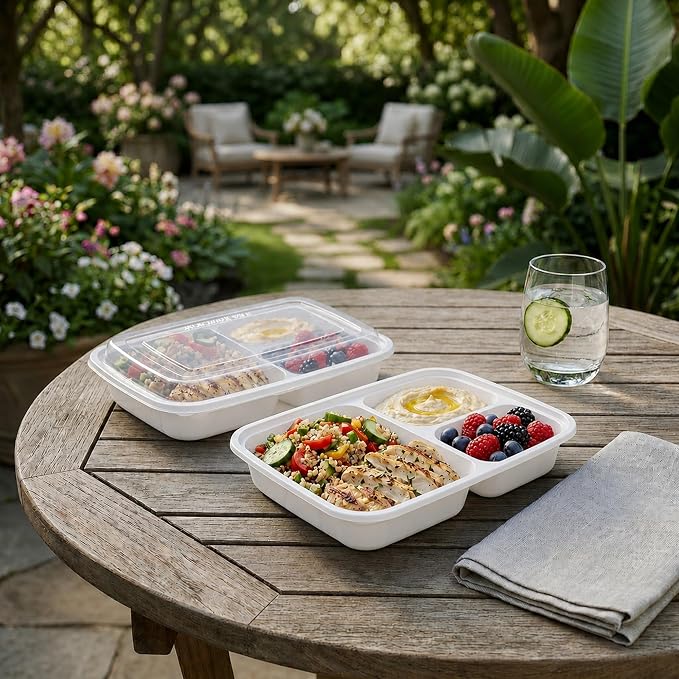 Asporto 26 Ounce Compartment Take Out Boxes, 50 Microwavable Meal Prep Containers - 3 Compartments, With Clear Plastic Lids, White Plastic Food Containers, Do Not Contain BPA - Restaurantware - Image 4