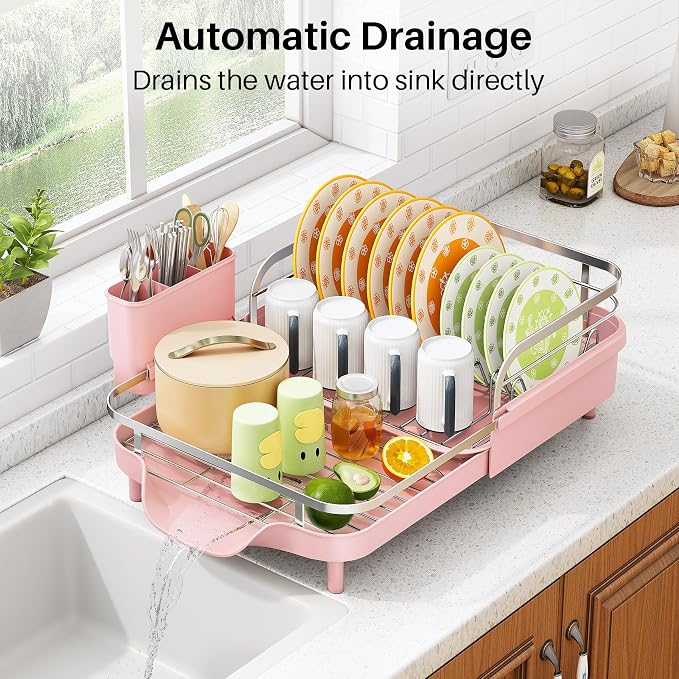 SAYZH Expandable Dish Drying Rack for Small Kitchen Counter, Pink | Stainless Steel, Protective Guardrail, Angled Drainboard, Fits High-Rim Sinks, Removable Utensil Holder - Image 4