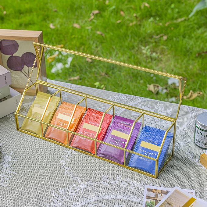 NCYP Glass Tea Bags Organizer with 5 Grids Compartments, Indoor Counter Top Brass Display Case with Lid, Storage Box, Gold, Decor, Teabag Storage, 14.5 x 3.6 x 3.66 Inches (Glass Box Only) - Image 2
