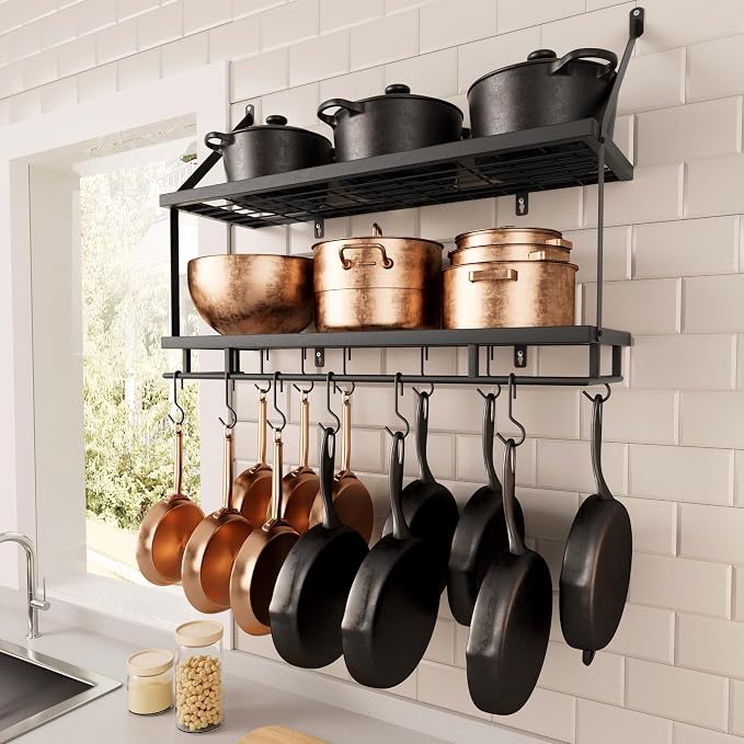 KES 30-Inch Kitchen Pot Rack - Mounted Hanging Rack for Kitchen Storage and Organization - Matte Black 2-Tier Wall Shelf with Guard Rail for Pots and Pans Organizer with 12 Hooks - KUR215S75B-BK by KES