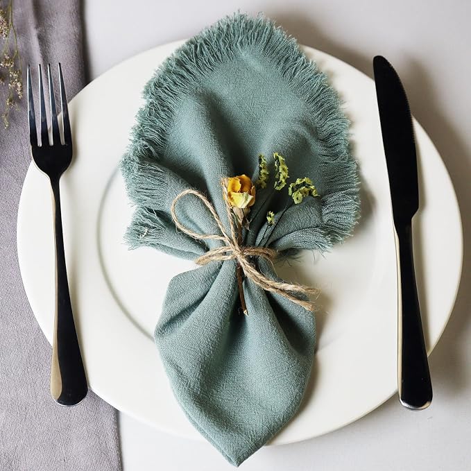 Handmade Cloth Napkins with Fringe,18 x 18 Inches Cotton Linen Napkins Set of 12 Versatile Handmade Square Rustic Fringe Napkins for Dinner, Wedding and Parties, Sage by Dololoo