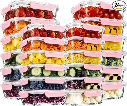 Konokyo Rectangular Glass Food Storage Containers with Lids, 24 Pack Airtight Leakproof Meal Prep Containers, BPA-Free, Microwave Oven Freezer & Dishwasher Safe, Assorted Sizes by Konokyo