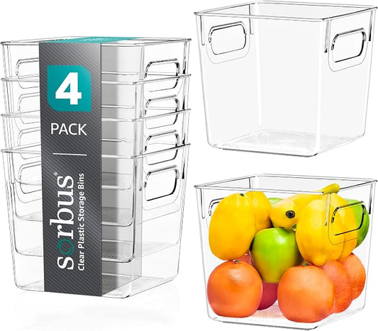 Sorbus Small Clear Plastic Storage Bins for Shelves, Clothes, with Handle - Clear Storage Bins, Drawer, Shelf, Closet, Pantry, Fridge, Freezer Organizer Bins, Closet Organizers and Storage (4 pack) by Sorbus