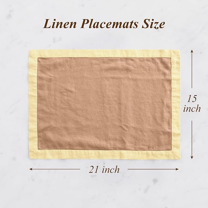 Linen World 100% French Linen Placemats Set of 4,21 x 15 Inch Double Layer Table Mats,Washable Heavyweight Placemats for Holiday Dining Kitchen Decor,Lemon Yellow with Terracotta Contrast Border - Image 3