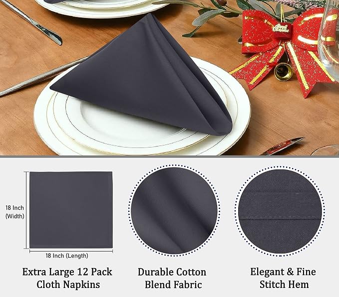 RUVANTI Bundle of 12-Pack Cloth Napkins (18x18 inch) Dark Grey with 12-Pack Cloth Napkins (18x18 inch) Charcoal Grey Cotton Blend. Soft, Washable Kitchen Linen for Dinner, Weddings & Cocktail Parties. - Image 4