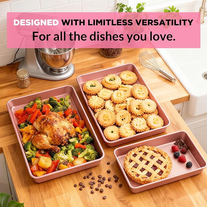 Saker 3-Piece Heavy Duty Carbon Steel Baking Sheets Set,Non-Stick Cookie | | Oven Safe, Even Heating, for Baking, Roasting, Cooking – Professional Grade (Pink) - Image 4