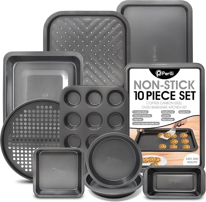 Non-Stick 10-Piece Bakeware Set – Carbon Steel with Even Heat Distribution, Oven Safe to 446°F, BPA-Free, Dishwasher Safe, Stackable Baking Tools for Easy Storage and Everyday Cooking - Gray by PERLLI