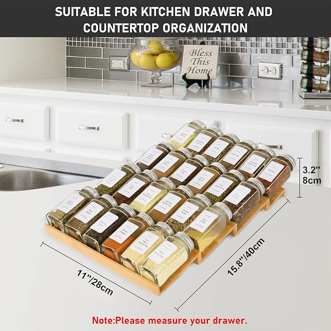 Spice Drawer Organizer with 24 Spice Jars,216 Labels,25 Non-slip Rubber, Bamboo 4 Tier Seasoning Rack Tray Insert for Kitchen Drawers,Cabinets,Countertop,11" Wide x 15.8" Deep - Image 7