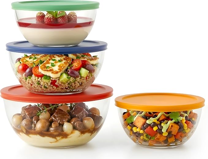 NutriChef 4‑Piece Glass Mixing Bowls with Lids – Premium Borosilicate Glass Bowl Set (1 QT‑3.7 QT) – Non‑Toxic Bowls with Airtight Lids for Mixing, Baking, Serving & Storage by NutriChef%E2%84%A2Kitchen