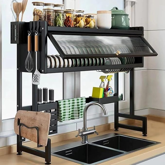 ASIEIT Dish Drying Rack, 3-Tier Over The Sink Dish Drying Rack, 33.5" Over Sink Dish Rack for Small Kitchen, Space-Saving Dish Rack with Cover, Baskets, Utensil, Large Sink Storage Organizer Black by ASIEIT