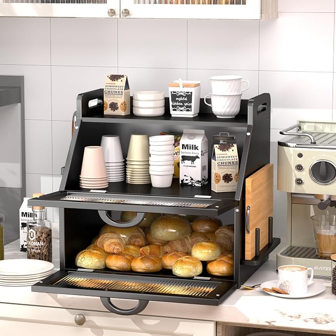 Bread Box for Kitchen Countertop, Large Bread Storage Container for Homemade Bread, Wooden Farmhouse Breadbox Organizers, Double Layer Bread Bin with Acrylic Window Bread Holder, Black - Image 3