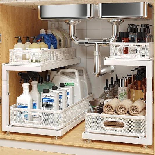 2-Pack 18.5 IN Depth Under Sink Organizer With Next-Gen Ball-Bearing Slides,Sophisticated Mesh 2-Tier Pull Out Shelf for Kitchen & Bathroom,Fits Small Items-White(Patented) by UnderSinkOrganizer