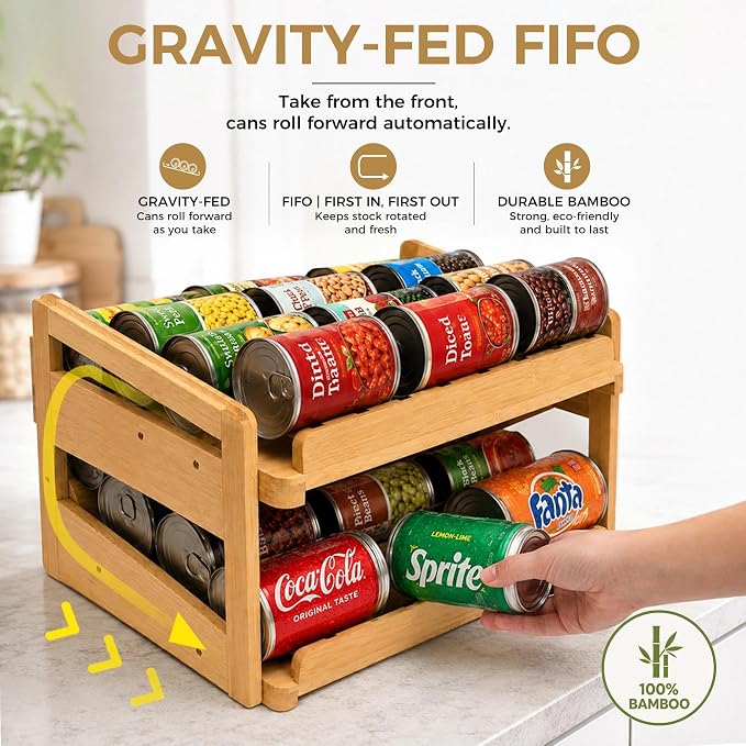 MinBoo Bamboo FIFO Can Organizer for Pantry, 24-Can Gravity Dispenser with Adjustable Dividers, Freestanding Wood Canned Food Storage Rack for Soup, Soda and Pet Food, 15.5" W x 11.6" D x 9.4" H - Image 2