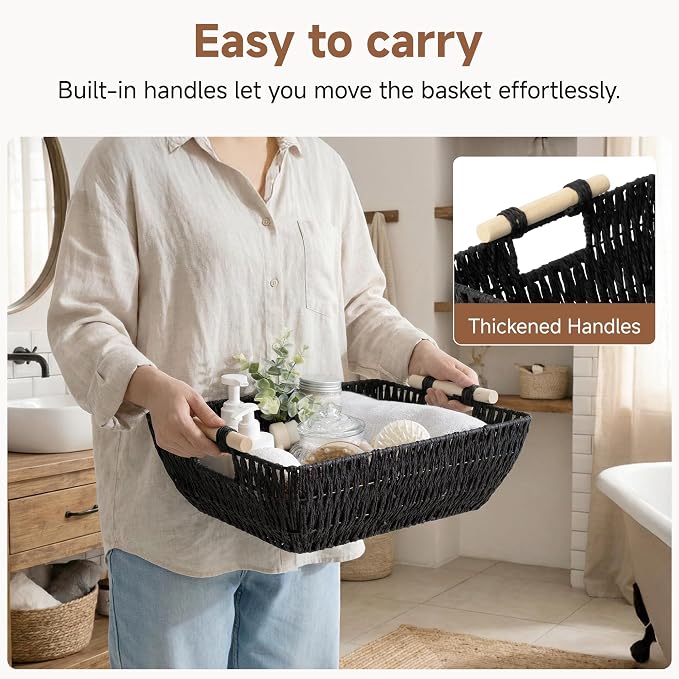 Storageworks Large Wicker Storage Basket, Paper Rope Storage Baskets, Black - Image 3