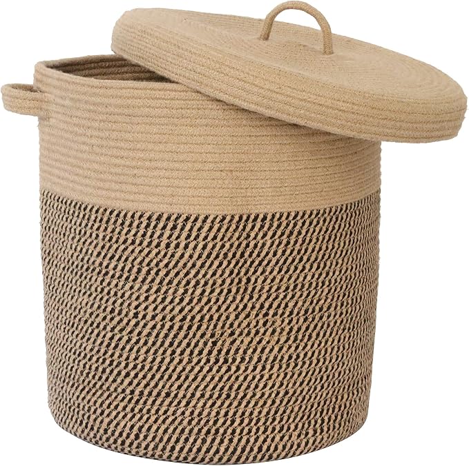 Extra Large Storage Basket with Lid 60L, 16"Wx18"H Woven Laundry Hamper Basket with Handle, Jute Rope Wicker Basket Blankets Pillows Storage in Living Room Baby Nursery, Jute/Black Mix includes Lid by JIABOLANG