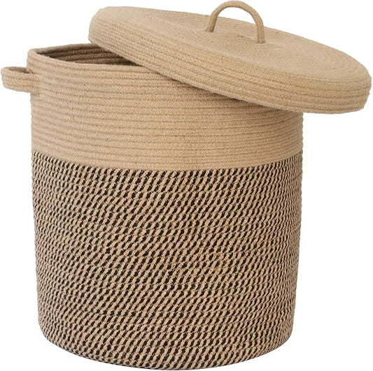 Extra Large Storage Basket with Lid 60L, 16"Wx18"H Woven Laundry Hamper Basket with Handle, Jute Rope Wicker Basket Blankets Pillows Storage in Living Room Baby Nursery, Jute/Black Mix includes Lid by JIABOLANG