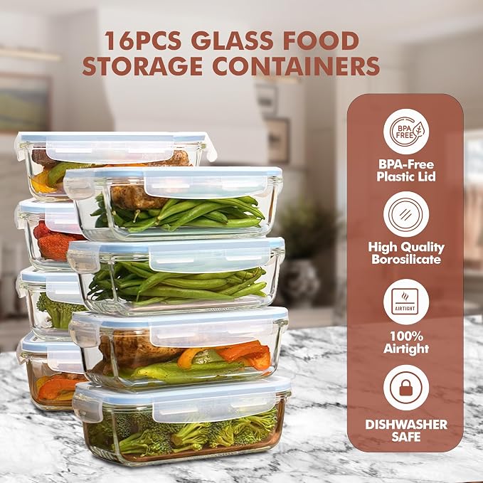 Razab 16 Pc (Set of 8) 30 Oz Glass Meal Prep Containers with Lids, Airtight Large Glass Food Storage Containers, Reusable Leak Proof BPA Free, Freezer to Oven and Dishwasher Safe - Image 6