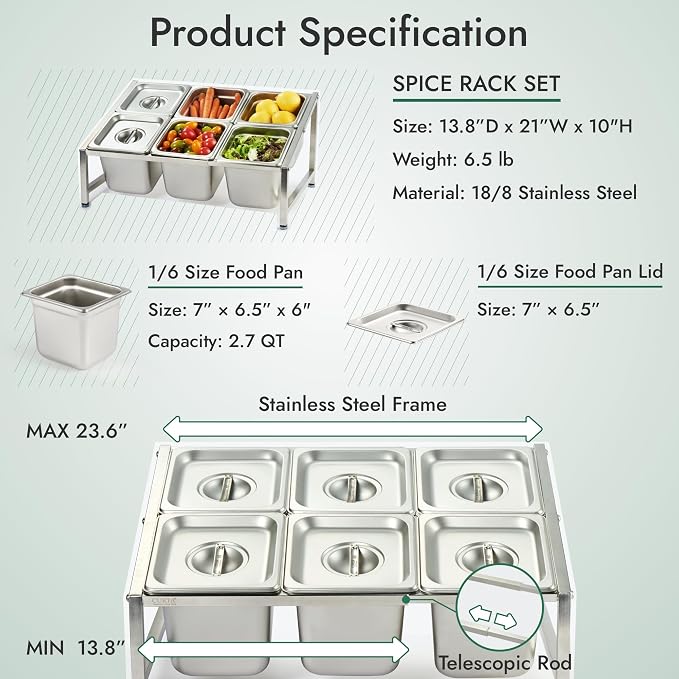 Expandable 18/8 Stainless Steel Spice Rack Set, NSF Certified, 2-Tier Inclined Organizer Shelf with 6 1/6 6" Pan&Lid, 13.8"-23.6" Adjustable, Countertop Holder for Seasoning Ingredients - Image 5