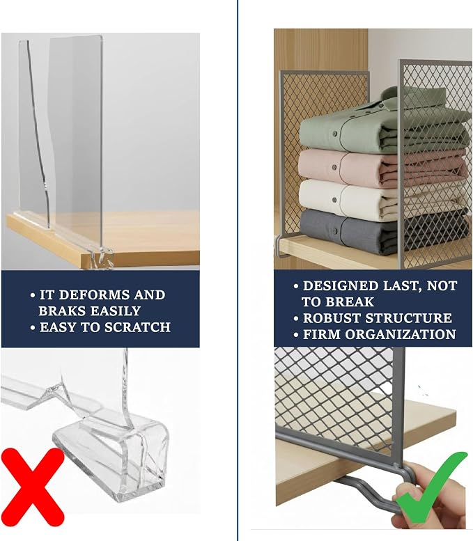 Nexu 6-Pack Metal Mesh Shelf Dividers for Closet Organization, Ultra-Stable Under-Shelf Hook Closet Dividers, Heavy Duty Purse, Handbag & Bag Organizer for Shelving, Clothes, Bedroom, Grey - Image 5