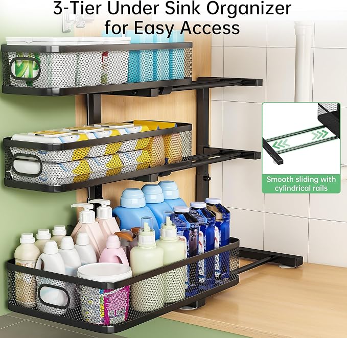 3-Tier Under Sink Organizer, Pull Out Cabinet Organizer for Kitchen & Bath | Height Adjustable, Heavy Duty Carbon Steel Holds 60 lbs, Rust-Proof Fits Kitchen Cabinet, Bathroom, Pantry & Laundry - Image 7