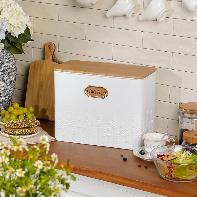Extra Large Ear of Wheat Embossed Bread Box with Bamboo Lid | Corner Breadbox for Homemade Bread, White Metal Bread Storage Container Bin for Kitchen Countertop, Fits 2 Loaves of Bread - Image 2
